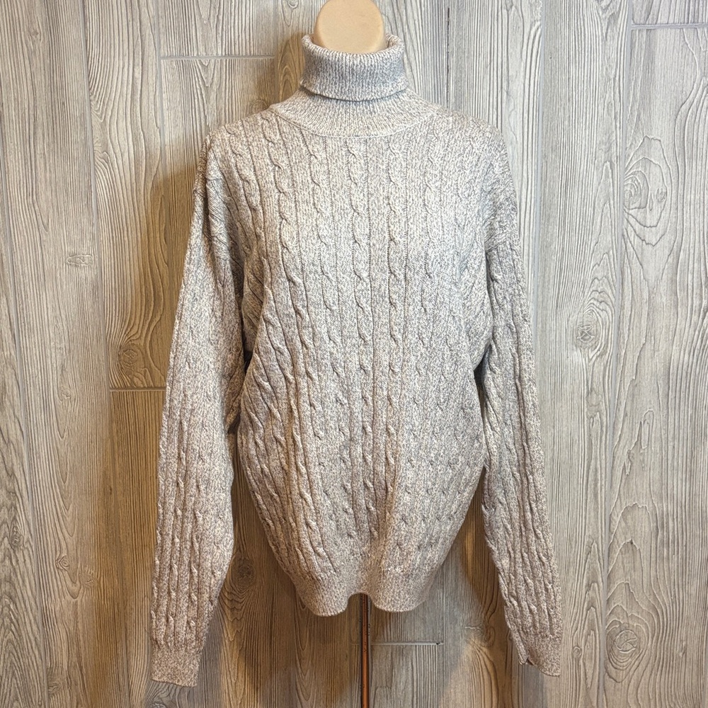 Northern Apparel 100% Cotton Gray Marled Cable Knit Turtleneck Sweater- Size M